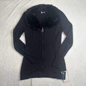 Y2K Completely Me Liz Lange Faux Fur‎ Black Long Sleeve Cardian Sweater Womens M